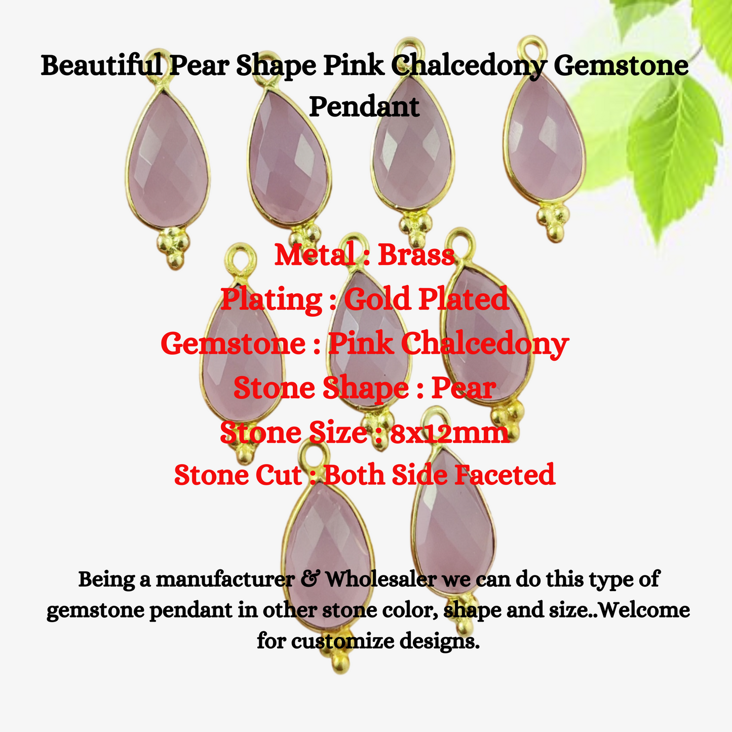 Beautiful Pink Stone Pear Shape Pendant Gold Plated Bezel Set Chalcedony Gemstone Dainty Jewelry- Selling Per Piece