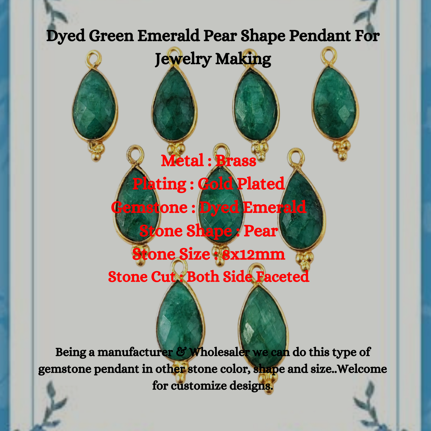 Vintage Beautiful Design Gold Plated Jewelry Dyed Green Emerald Pear Shape Pendant For Jewelry Making- Selling Per Piece