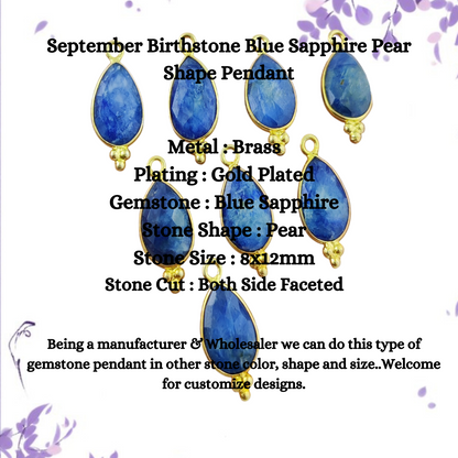 September Birthstone Blue Sapphire Pendant Gold Plated Pear Shape Gemstone Jewelry – Selling Per Piece