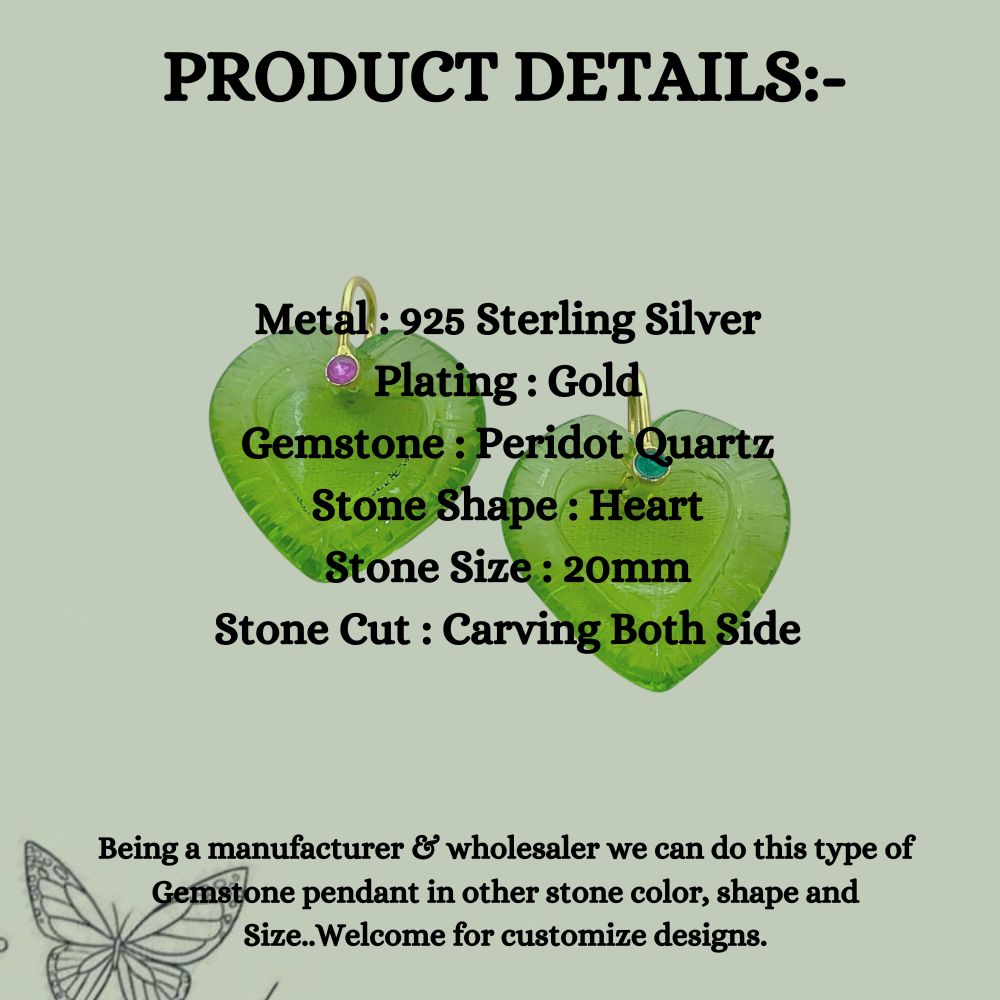 Peridot Quartz Heart Gemstone Pendant August Birthstone Charm with 925 Sterling Silver Fancy Bail for Necklace Makin- Selling Per Piece