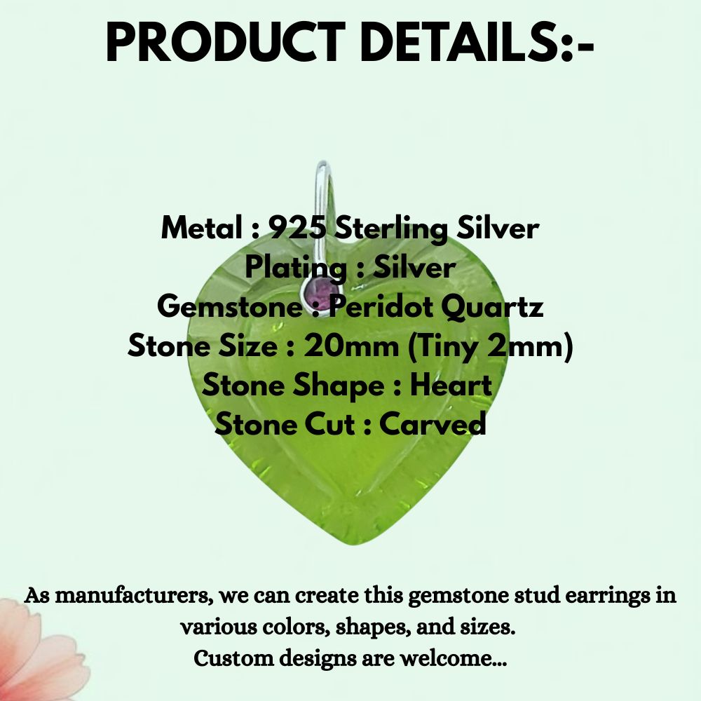 Peridot Quartz Heart Pendant in 925 Sterling Silver Pinch Accent, Perfect for Handmade Necklaces