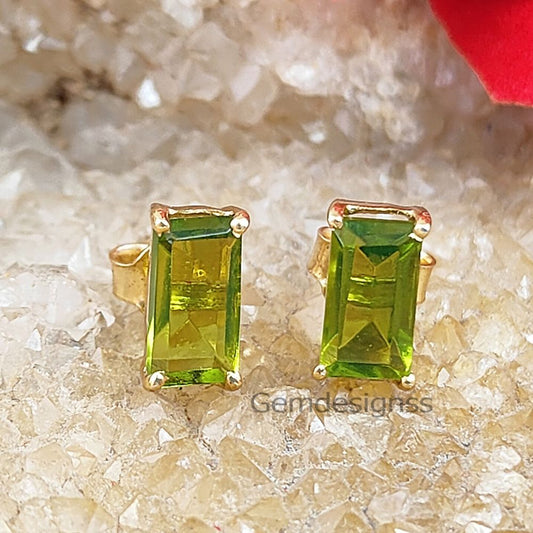 Baguette Cut Green Peridot Stud Earrings