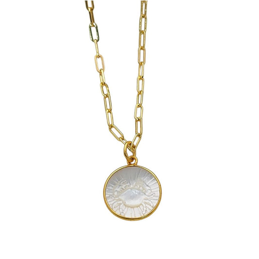 Personalized Cancer Zodiac Necklace Mother of Pearl Pendant on Gold Plated Paperclip Chain Celestial Gift for Her- Selling Per Piece