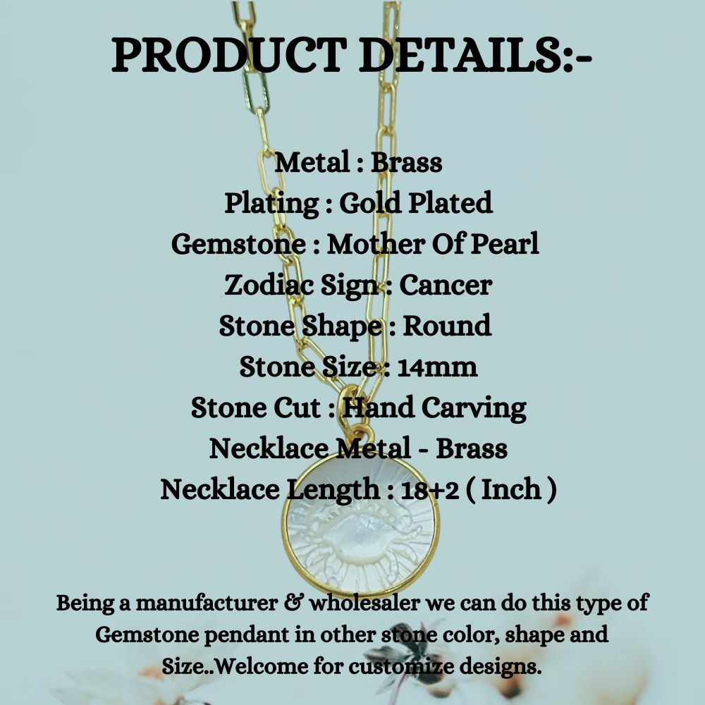 Personalized Cancer Zodiac Necklace Mother of Pearl Pendant on Gold Plated Paperclip Chain Celestial Gift for Her- Selling Per Piece