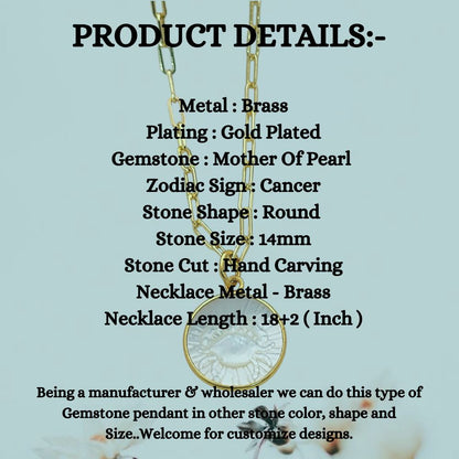 Personalized Cancer Zodiac Necklace Mother of Pearl Pendant on Gold Plated Paperclip Chain Celestial Gift for Her- Selling Per Piece