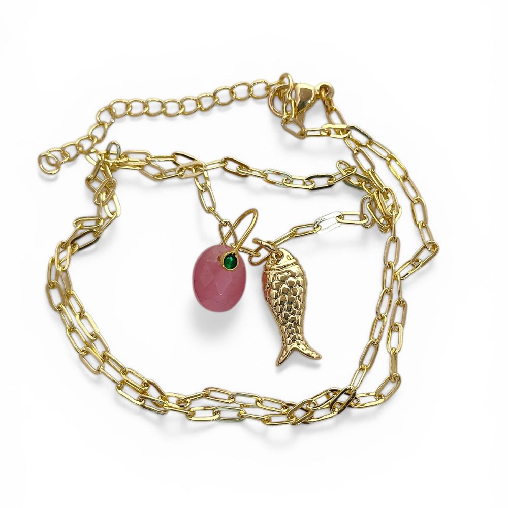 Pink Monalisa Oval Charm Necklace, Gold Lucky Fish Pendant, Boho Summer Jewelry Gift for Women