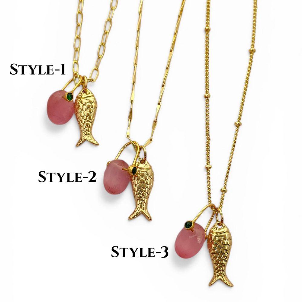 Pink Monalisa Oval Charm Necklace, Gold Lucky Fish Pendant, Boho Summer Jewelry Gift for Women