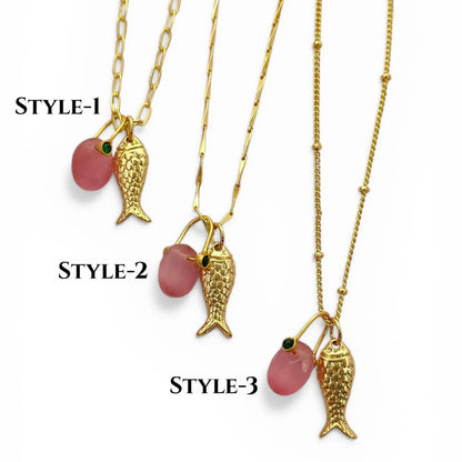 Pink Monalisa Oval Charm Necklace, Gold Lucky Fish Pendant, Boho Summer Jewelry Gift for Women