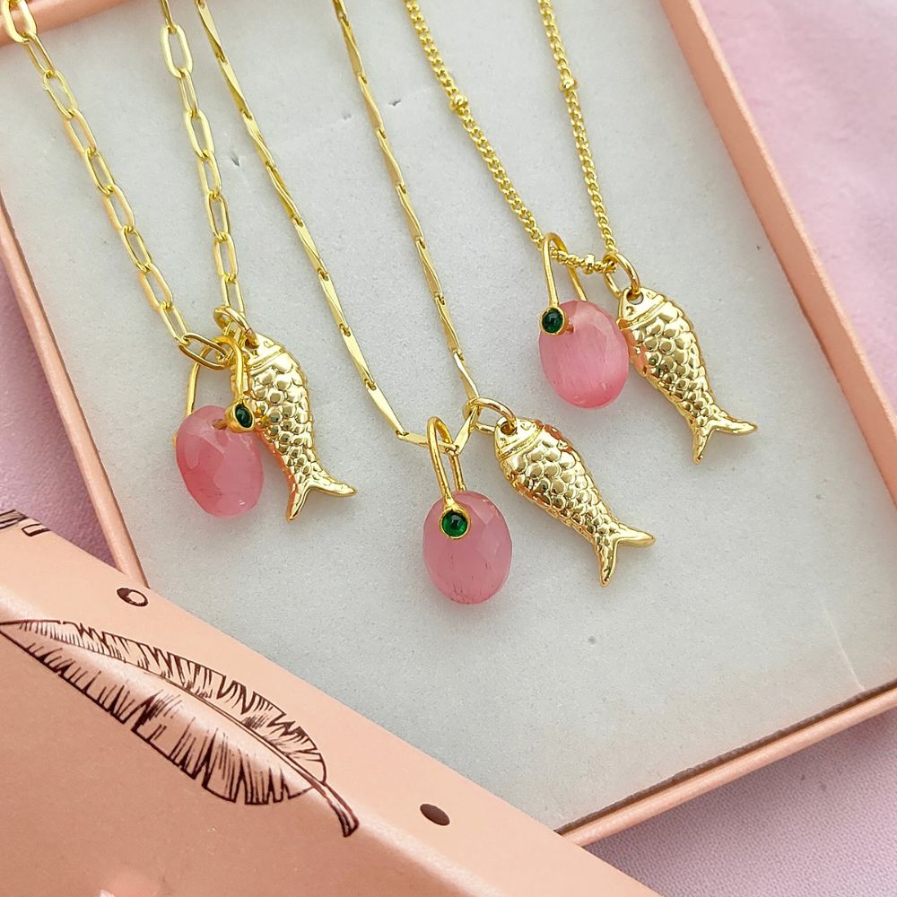 Pink Monalisa Oval Charm Necklace, Gold Lucky Fish Pendant, Boho Summer Jewelry Gift for Women