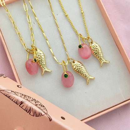 Pink Monalisa Oval Charm Necklace, Gold Lucky Fish Pendant, Boho Summer Jewelry Gift for Women