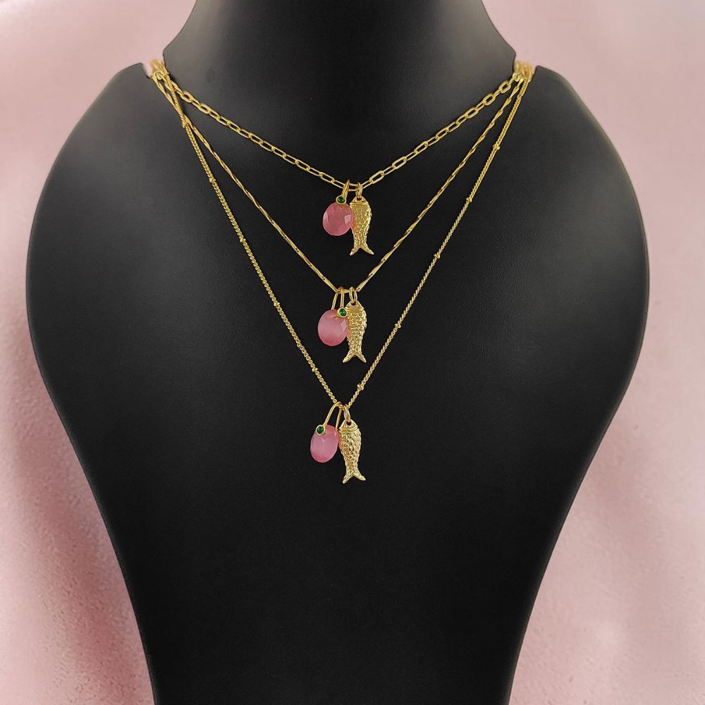 Pink Monalisa Oval Charm Necklace, Gold Lucky Fish Pendant, Boho Summer Jewelry Gift for Women