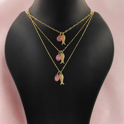 Pink Monalisa Oval Charm Necklace, Gold Lucky Fish Pendant, Boho Summer Jewelry Gift for Women