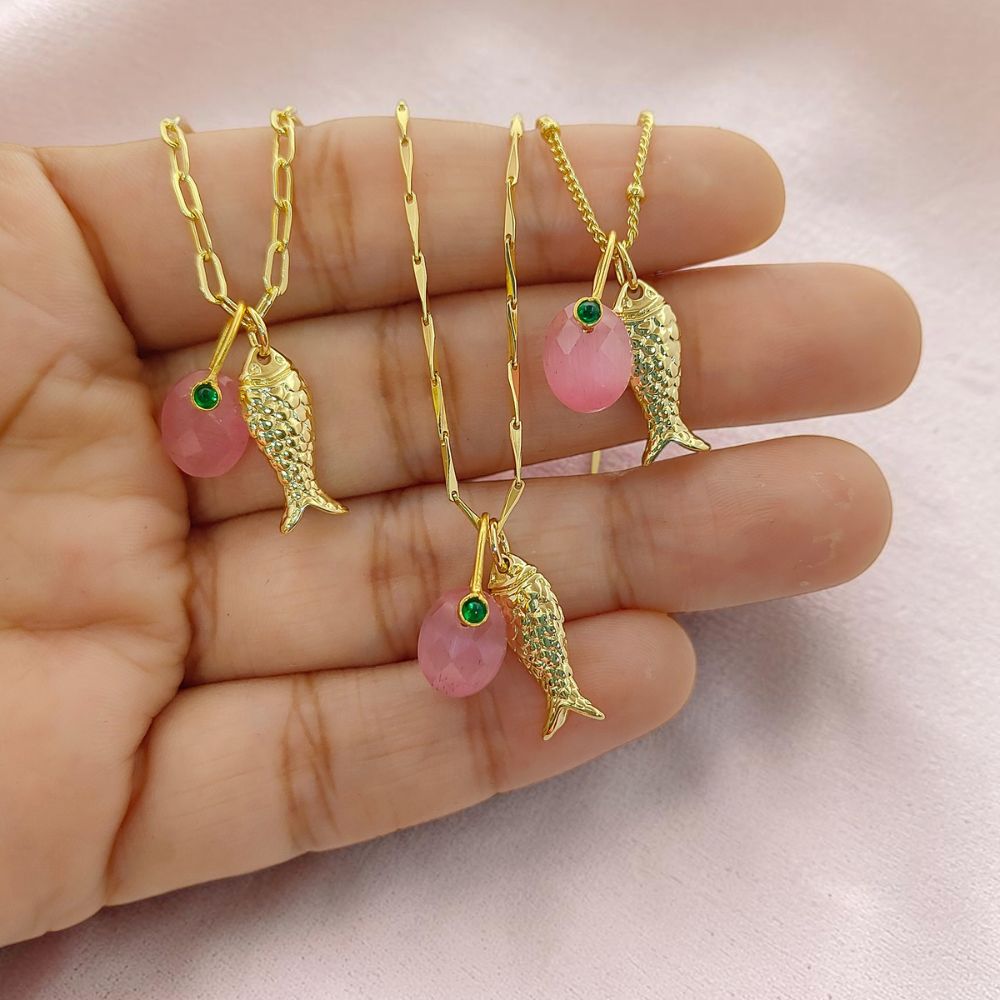Pink Monalisa Oval Charm Necklace, Gold Lucky Fish Pendant, Boho Summer Jewelry Gift for Women