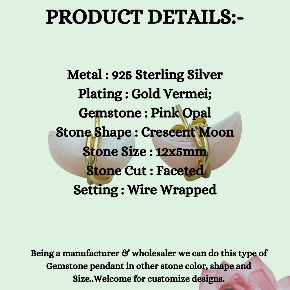 Pink Opal Gemstone Crescent Stud Earrings, Dainty Minimal Half Moon Jewelry, Handmade Gold Plated Sterling Silver Gift for Her- Selling Per Piece