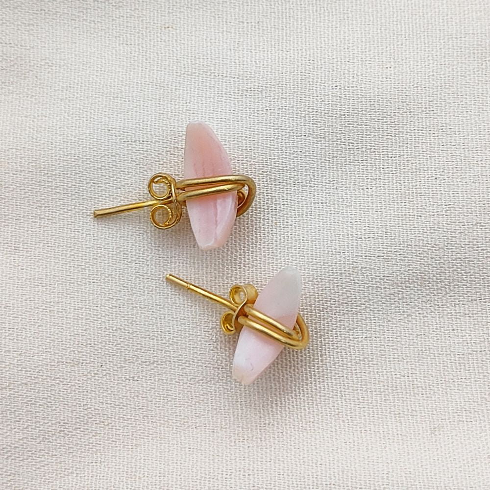 Pink Opal Gemstone Crescent Stud Earrings, Dainty Minimal Half Moon Jewelry, Handmade Gold Plated Sterling Silver Gift for Her- Selling Per Piece