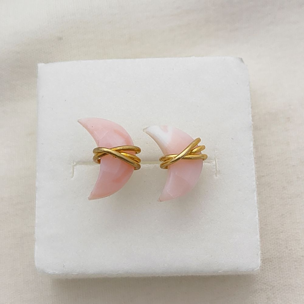 Pink Opal Gemstone Crescent Stud Earrings, Dainty Minimal Half Moon Jewelry, Handmade Gold Plated Sterling Silver Gift for Her- Selling Per Piece