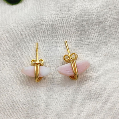 Pink Opal Gemstone Crescent Stud Earrings, Dainty Minimal Half Moon Jewelry, Handmade Gold Plated Sterling Silver Gift for Her- Selling Per Piece