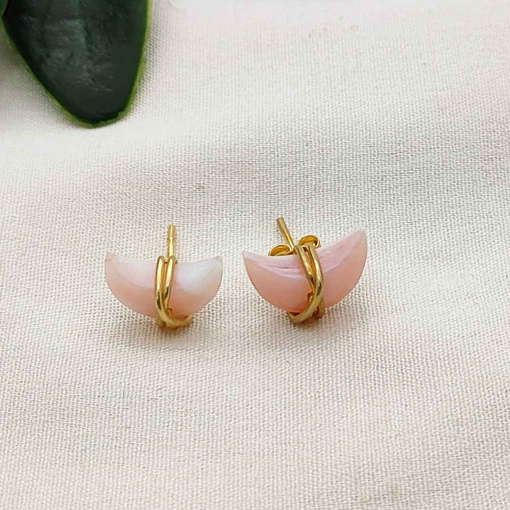 Pink Opal Gemstone Crescent Stud Earrings, Dainty Minimal Half Moon Jewelry, Handmade Gold Plated Sterling Silver Gift for Her- Selling Per Piece