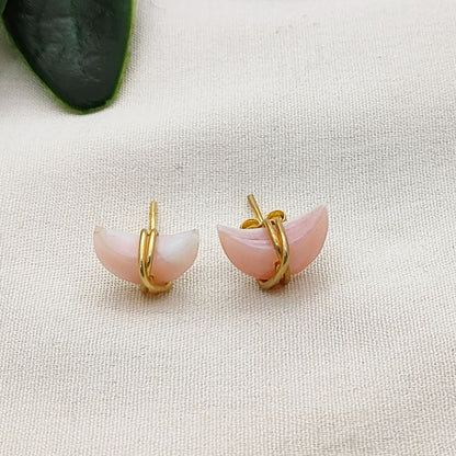 Pink Opal Gemstone Crescent Stud Earrings, Dainty Minimal Half Moon Jewelry, Handmade Gold Plated Sterling Silver Gift for Her- Selling Per Piece