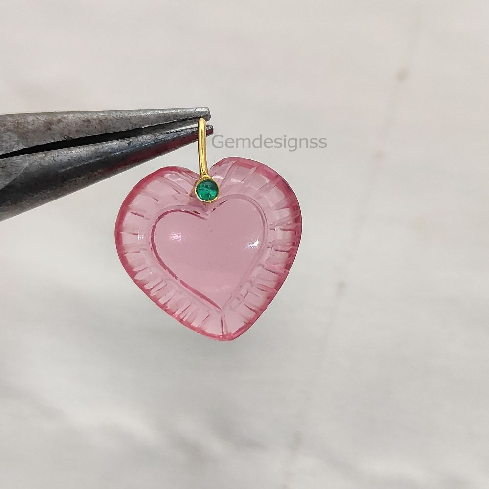 Pink Tourmaline Quartz Handcarved Heart Pendant Natural Gemstone Charm with 925 Sterling Silver Decorative Pinch Bail- Selling Per Piece