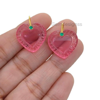 Pink Tourmaline Quartz Handcarved Heart Pendant Natural Gemstone Charm with 925 Sterling Silver Decorative Pinch Bail- Selling Per Piece