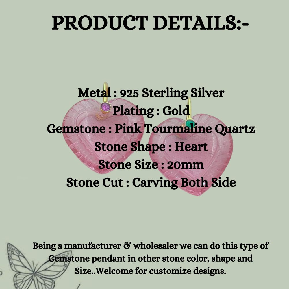 Pink Tourmaline Quartz Handcarved Heart Pendant Natural Gemstone Charm with 925 Sterling Silver Decorative Pinch Bail- Selling Per Piece