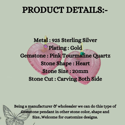Pink Tourmaline Quartz Handcarved Heart Pendant Natural Gemstone Charm with 925 Sterling Silver Decorative Pinch Bail- Selling Per Piece