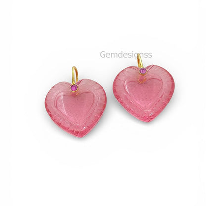 Pink Tourmaline Quartz Handcarved Heart Pendant Natural Gemstone Charm with 925 Sterling Silver Decorative Pinch Bail- Selling Per Piece