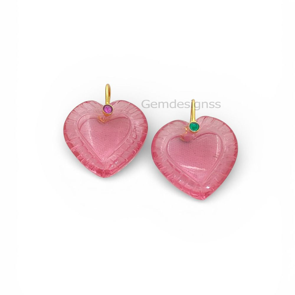 Pink Tourmaline Quartz Handcarved Heart Pendant Natural Gemstone Charm with 925 Sterling Silver Decorative Pinch Bail- Selling Per Piece