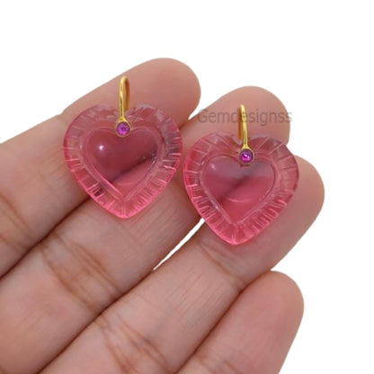 Pink Tourmaline Quartz Handcarved Heart Pendant Natural Gemstone Charm with 925 Sterling Silver Decorative Pinch Bail- Selling Per Piece