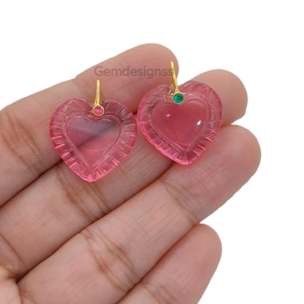 Pink Tourmaline Quartz Handcarved Heart Pendant Natural Gemstone Charm with 925 Sterling Silver Decorative Pinch Bail- Selling Per Piece