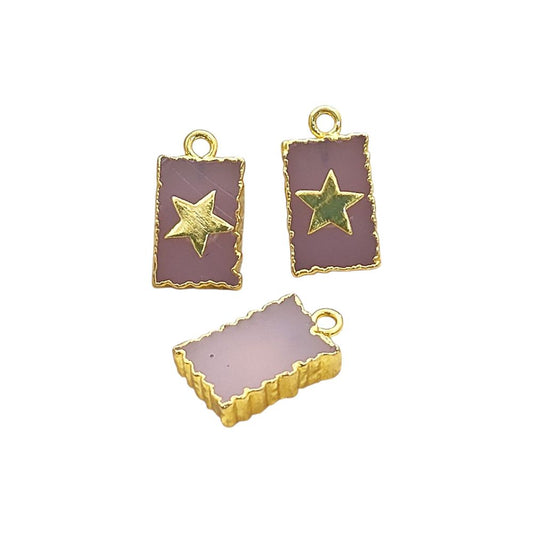 Pink Chalcedony rectangle gemstone pendant with star gold electroplated charm