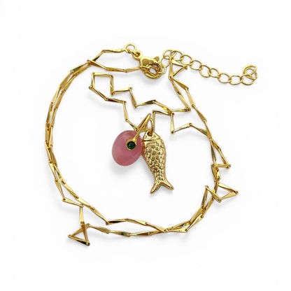 Pink Monalisa Oval Charm Necklace, Gold Lucky Fish Pendant, Boho Summer Jewelry Gift for Women