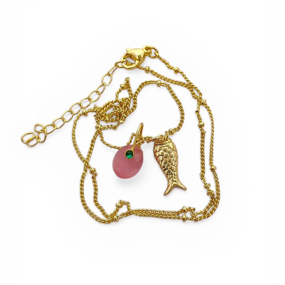 Pink Monalisa Oval Charm Necklace, Gold Lucky Fish Pendant, Boho Summer Jewelry Gift for Women