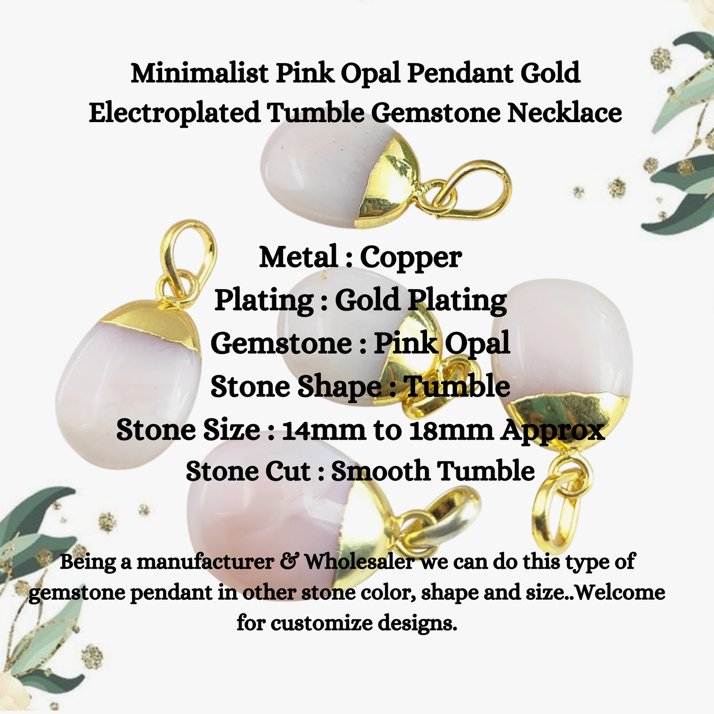 Minimalist Pink Opal Pendant Gold Electroplated Tumble Gemstone Necklace Handmade Jewelry- Selling Per Piece