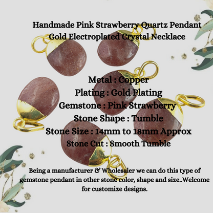 Handmade Pink Strawberry Quartz Pendant Gold Electroplated Crystal Necklace Unique Boho Jewelry- Selling Per Piece