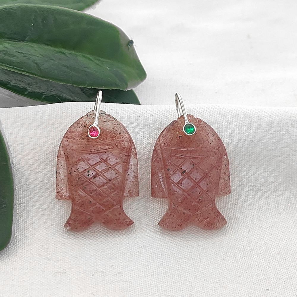 Pink Strawberry Quartz Crystal Fish Pendant Hand Carved Gemstone Charm Gold Plated 925 Sterling Silver Bail Necklace Jewelry Component