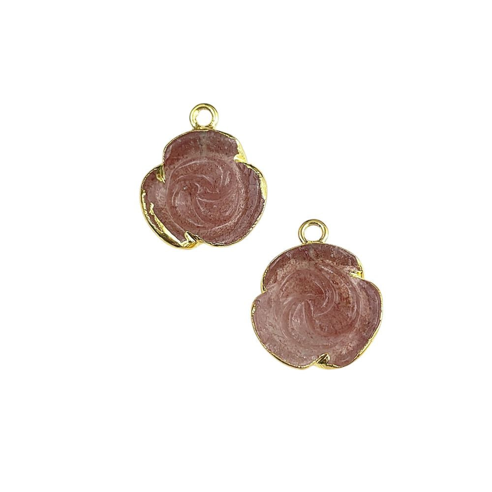 Pink Strawberry Quartz Rose Pendant | Gold Electroplated Handmade Jewelry