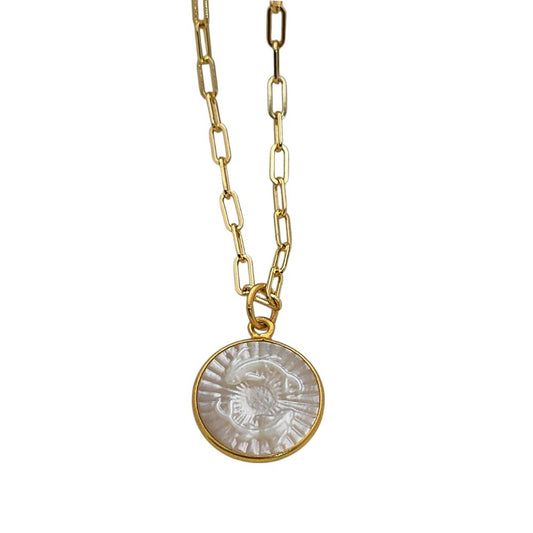 Pisces Zodiac Pendant for Necklace Mother of Pearl Astrology Charm on Gold Plated Paperclip Chain Horoscope Jewelry- Selling Per Piece