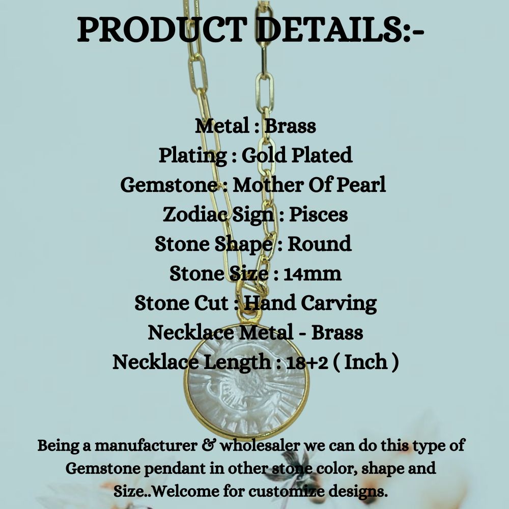 Pisces Zodiac Pendant for Necklace Mother of Pearl Astrology Charm on Gold Plated Paperclip Chain Horoscope Jewelry- Selling Per Piece