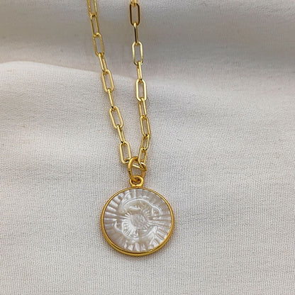Pisces Zodiac Pendant for Necklace Mother of Pearl Astrology Charm on Gold Plated Paperclip Chain Horoscope Jewelry- Selling Per Piece