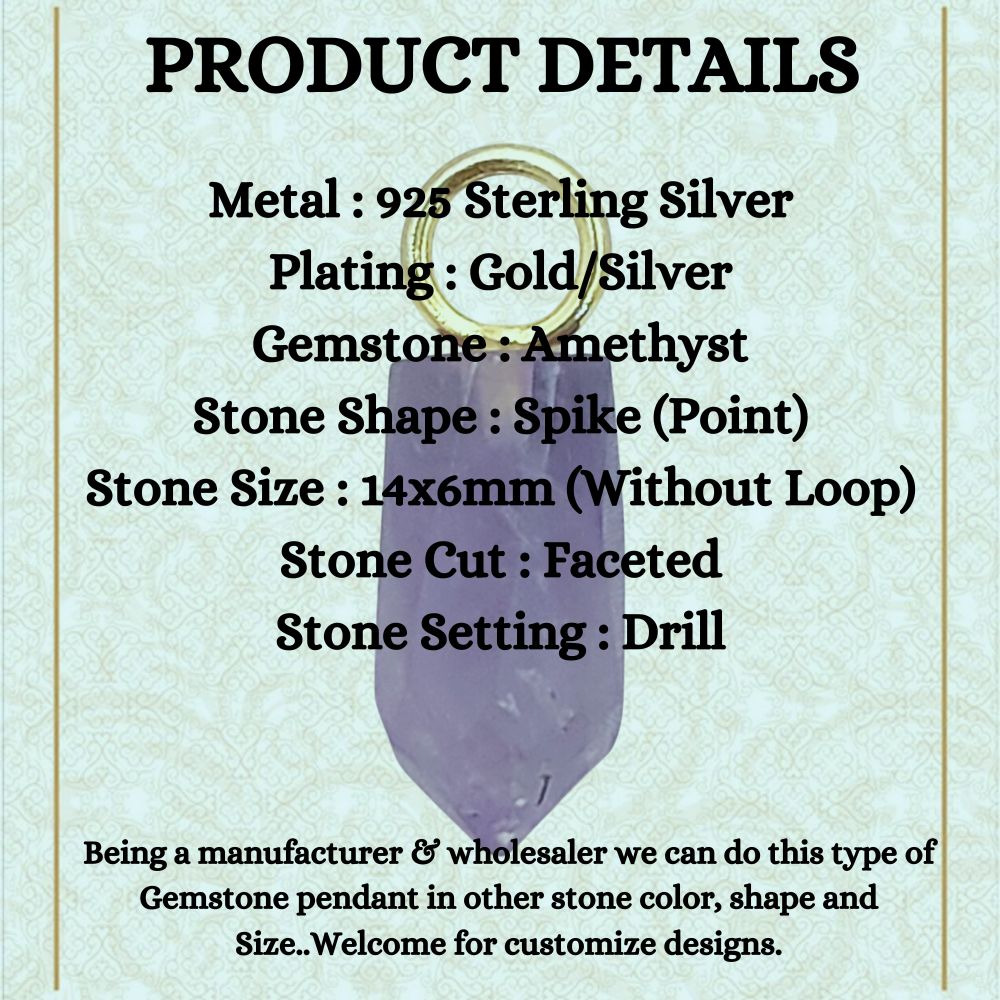 Purple Amethyst Pencil Point Pendant in Gold Plated Sterling Silver 14x6mm Natural Gemstone Spike Charm- Selling Per Piece