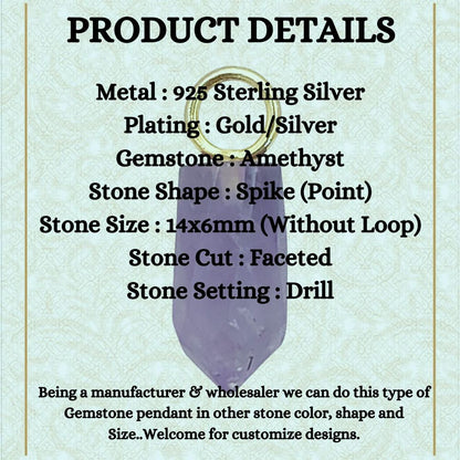 Purple Amethyst Pencil Point Pendant in Gold Plated Sterling Silver 14x6mm Natural Gemstone Spike Charm- Selling Per Piece