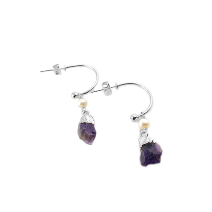 February Birthstone Amethyst Hoop Earrings Raw Purple Gemstone with Pearl 925 Sterling Silver Dangle Earrings Jewelry- Selling Per Pair