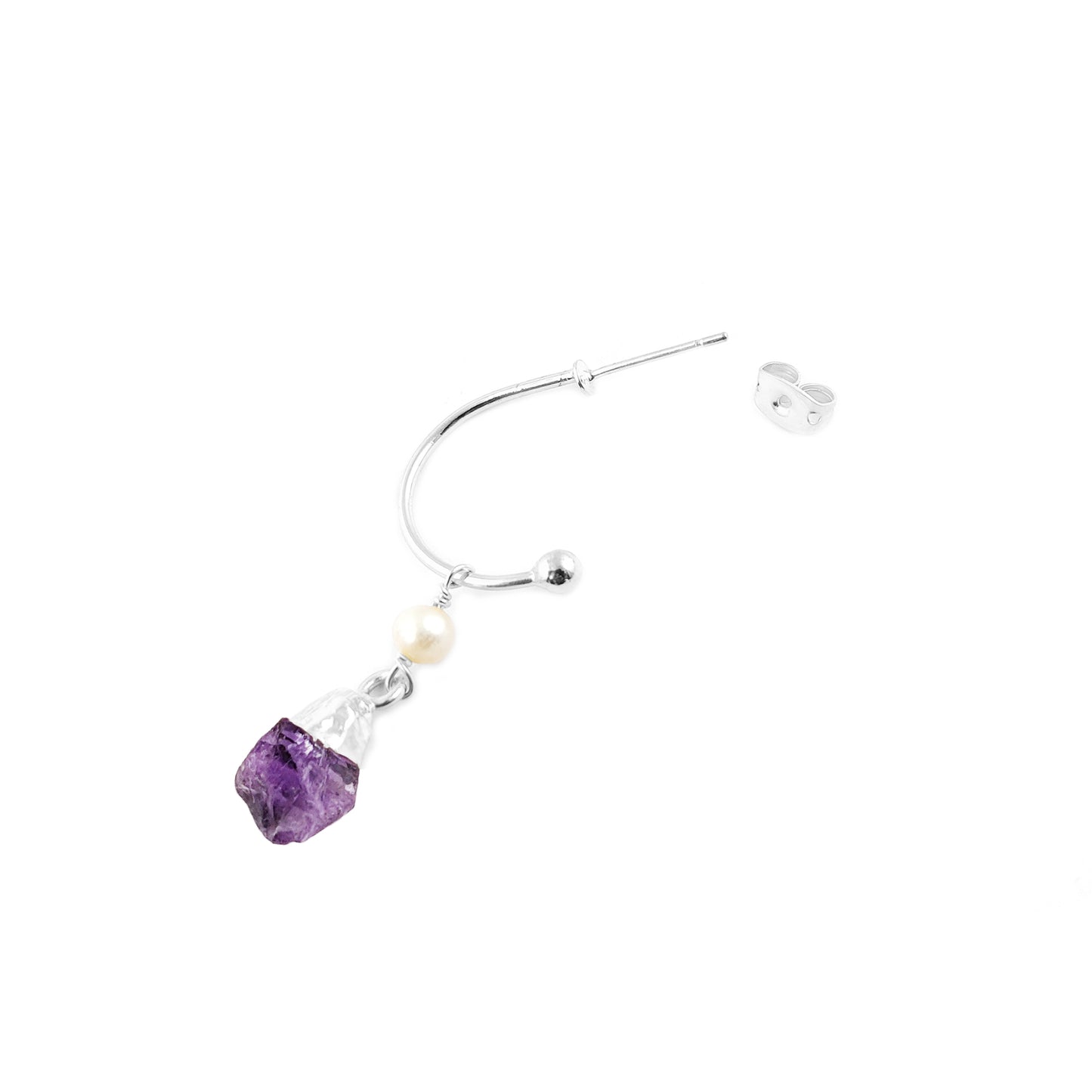 February Birthstone Amethyst Hoop Earrings Raw Purple Gemstone with Pearl 925 Sterling Silver Dangle Earrings Jewelry- Selling Per Pair