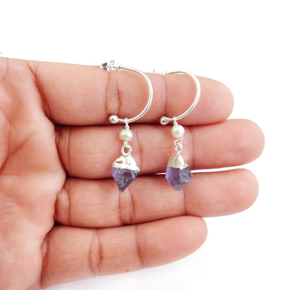 February Birthstone Amethyst Hoop Earrings Raw Purple Gemstone with Pearl 925 Sterling Silver Dangle Earrings Jewelry- Selling Per Pair