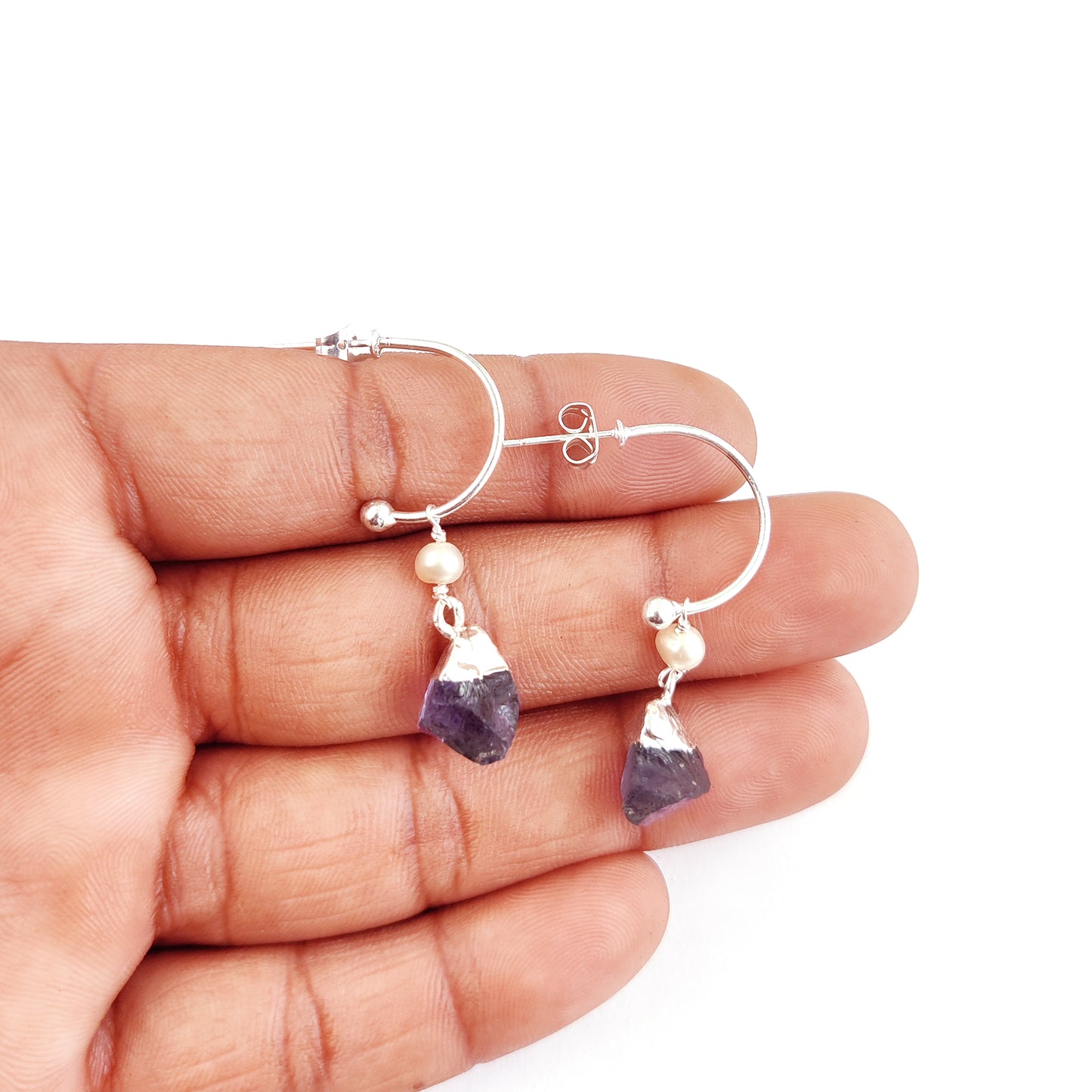February Birthstone Amethyst Hoop Earrings Raw Purple Gemstone with Pearl 925 Sterling Silver Dangle Earrings Jewelry- Selling Per Pair