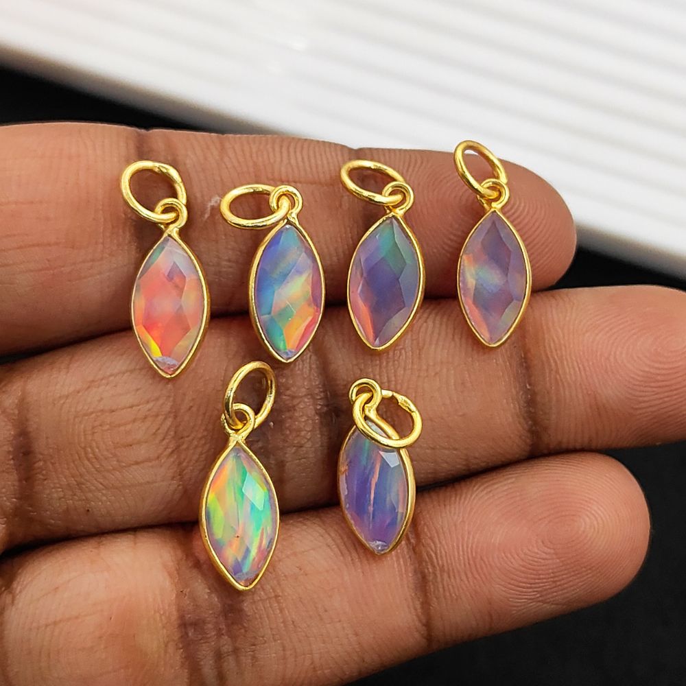Rainbow iridescent opal marquise connector charm for custom jewelry making