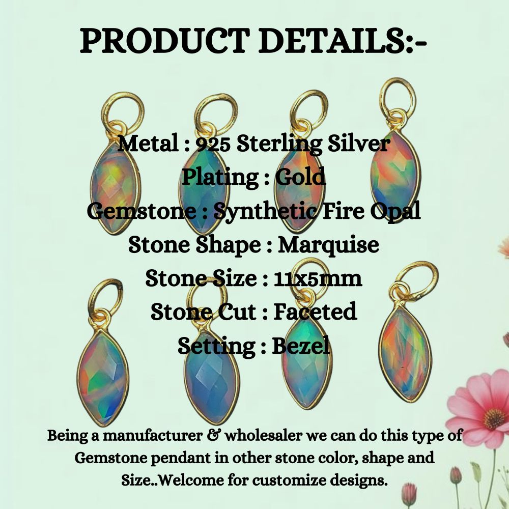 Iridescent synthetic opal marquise charm in gold plated 925 silver bezel setting