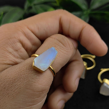 Rainbow Moonstone Adjustable Handmade Ring Gold Plated Boho Chic Minimalist Jewelry for Women- Selling Per Piece